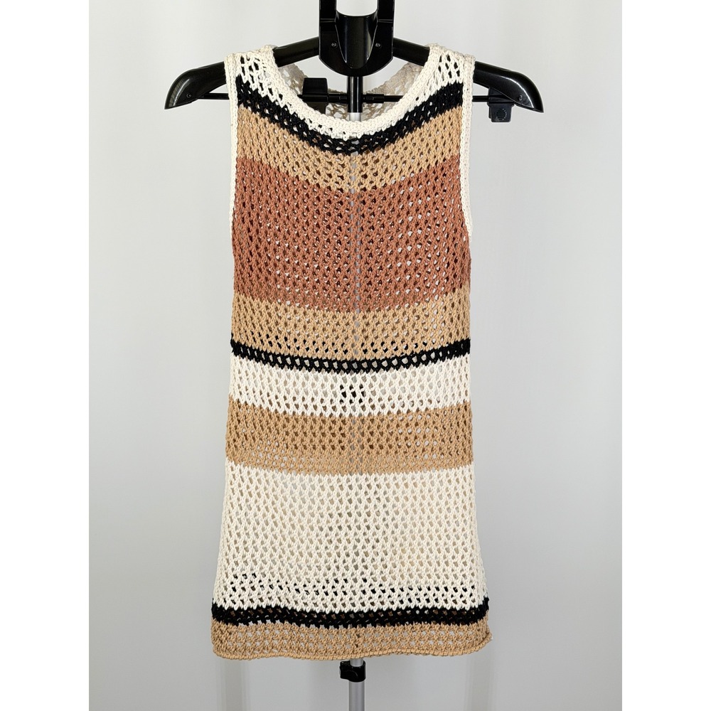 Zara Women Striped Crochet Mini Dress Sleeveless Knit Beach Cover Up Small